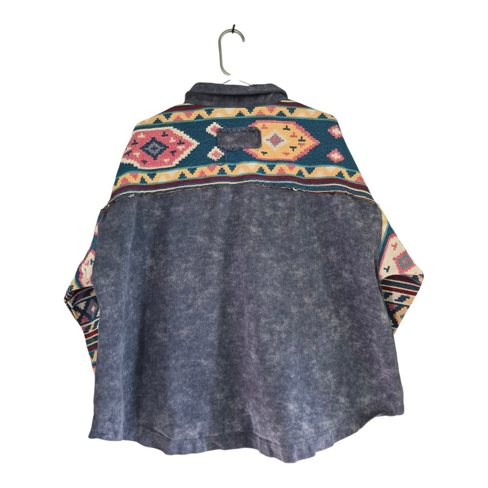 New In 1X Aztec Shacket Southwestern Boho Western Oversized Shirt Jacket Blue - Picture 5 of 7